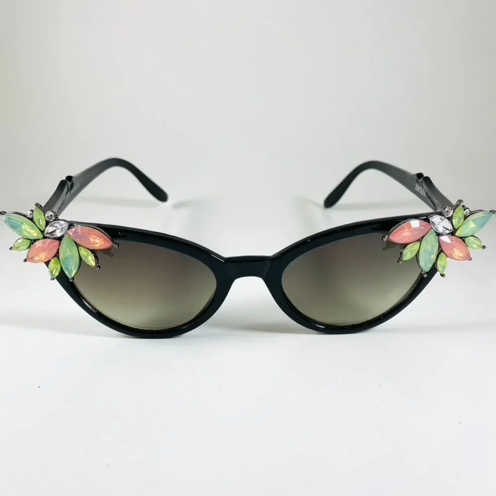 Retro Rhinestone hand embellished sunglasses Jet with pastel rhinestone wings